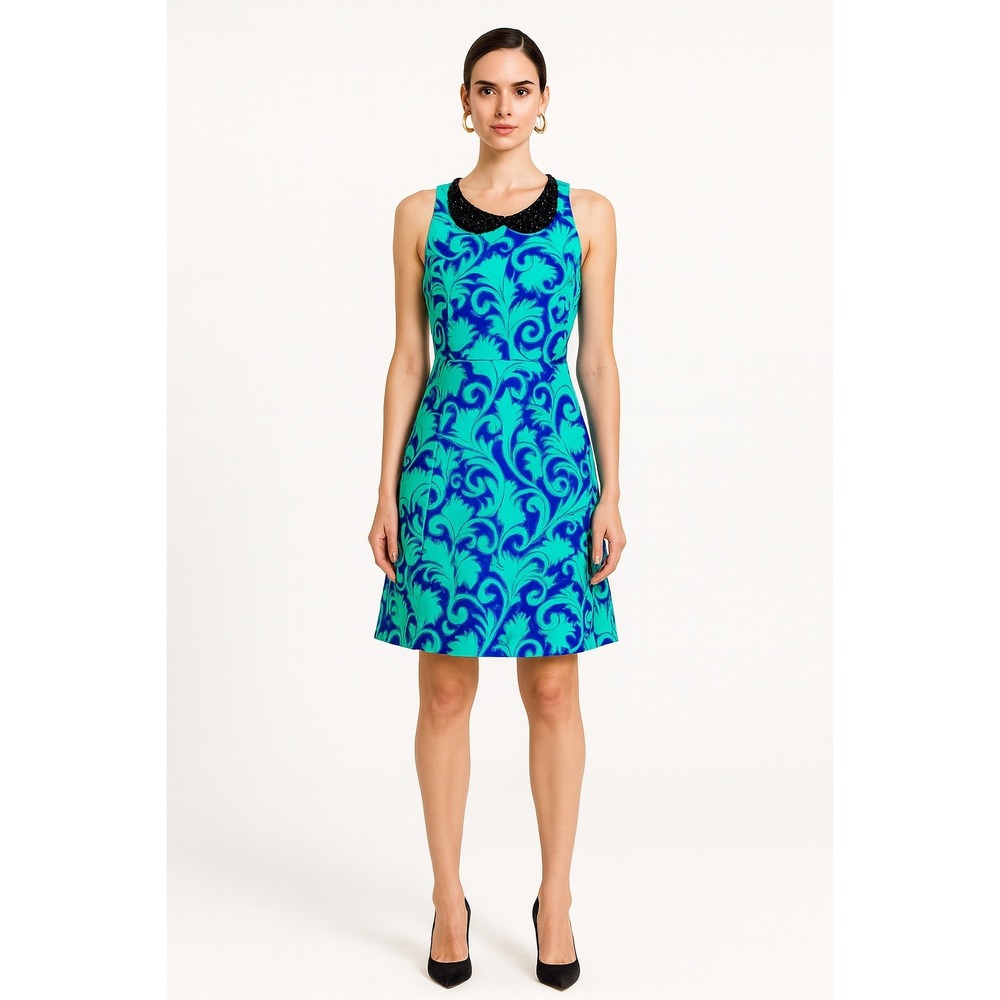 Stunning Sleeveless Beaded Collar Dress Bold Blue Teal Print‎ A-Line Women 4